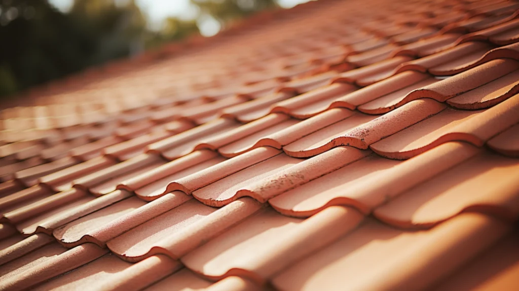 Close-up of terracotta clay roof tiles in warm sunlight.