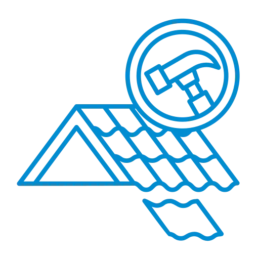 Roof repair icon with shingles and hammer.