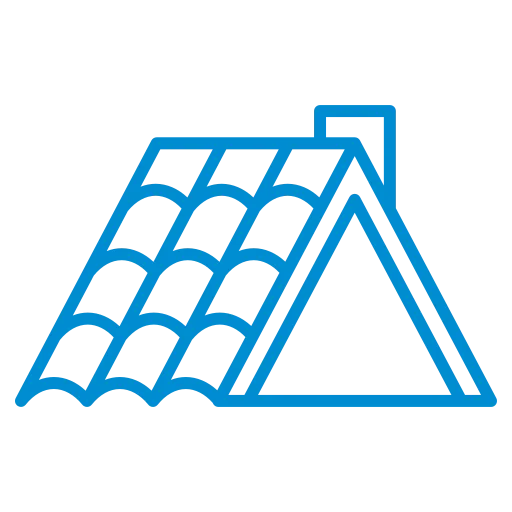 Blue icon of a tiled roof on a house with an attic window.