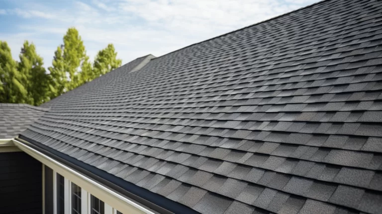New dark gray shingle roof with clean gutters and a clear sky.