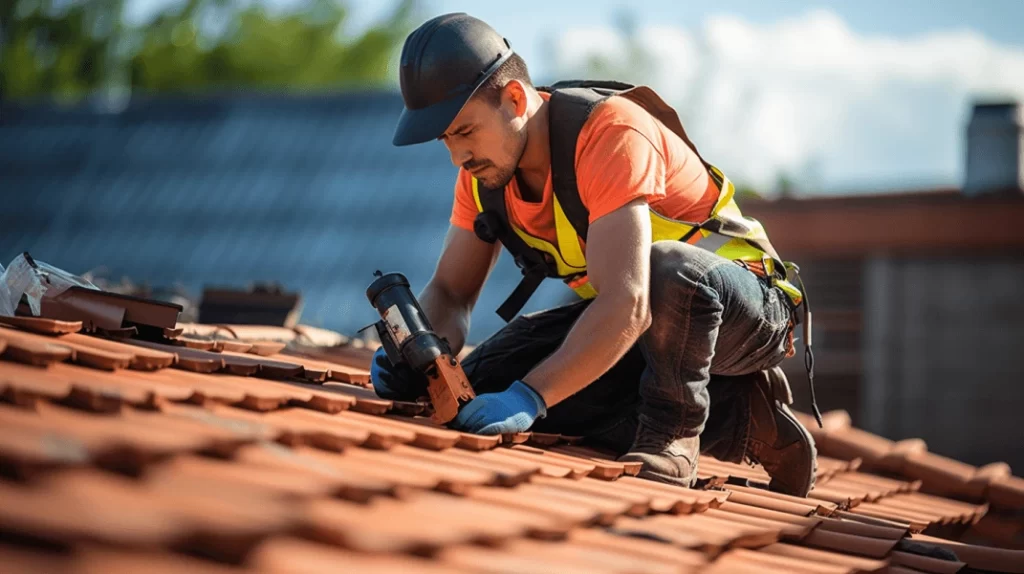 A construction worker installing roof tiles using a nail gun, wearing safety gear and helmet.