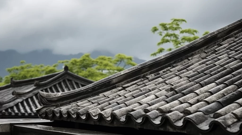 A close-up of a tiled roof, possibly of a traditional Asian structure, with a mountain range and trees in the background