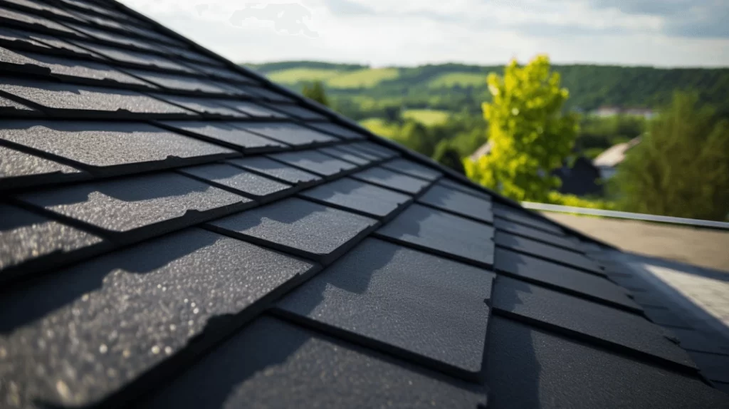 A close-up view of a roof with dark gray shingle pattern.