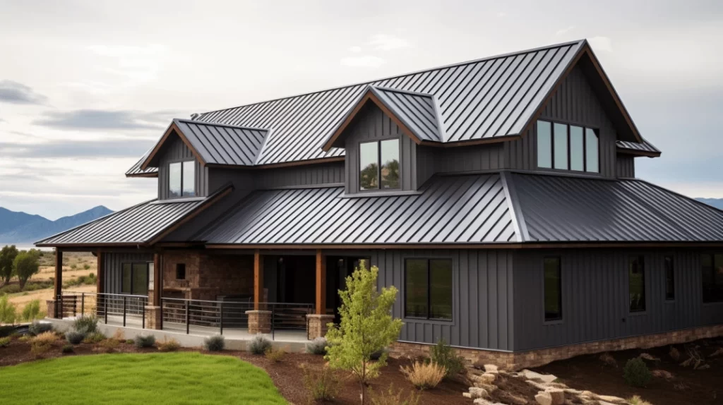 A gray metal roof with multiple gables and light gray sliding