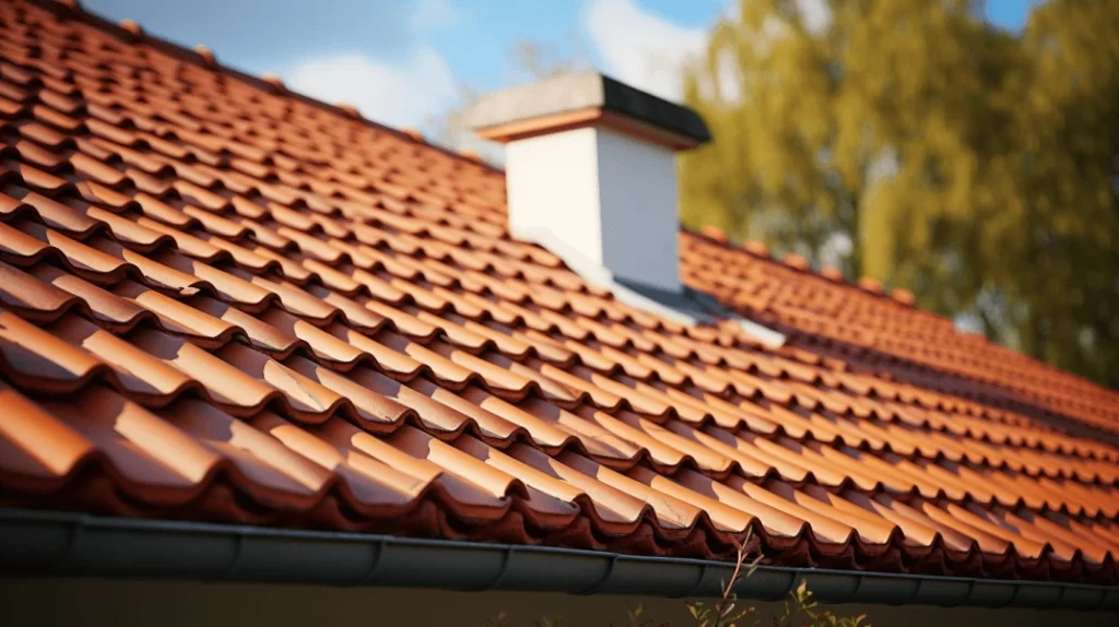 Close-up of terracotta clay roof tiles, a white chimney, and a gutter