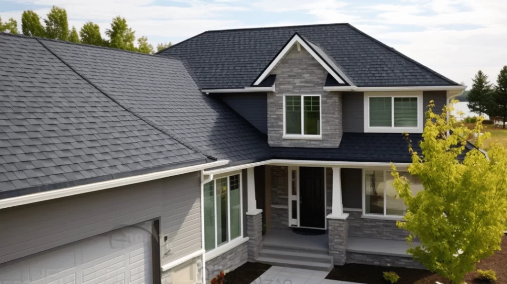 a two-story house with a gray roof and gray siding