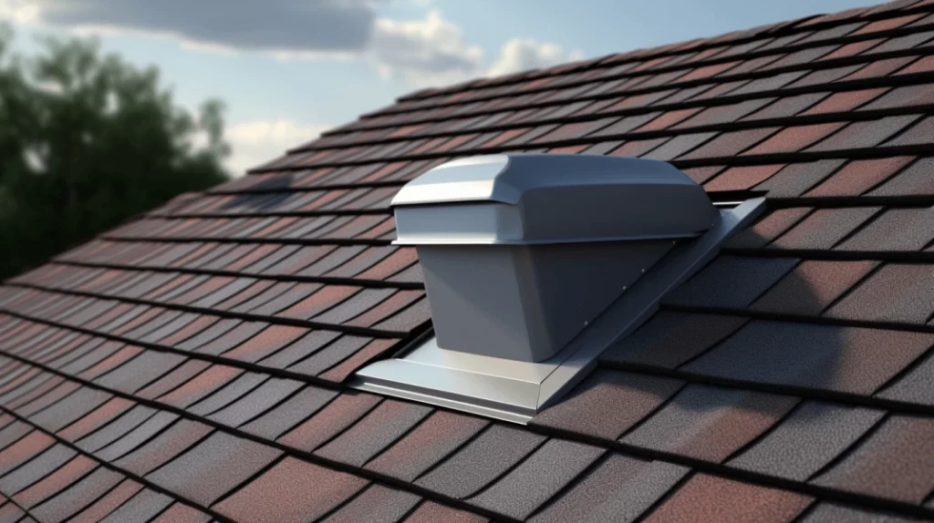 a close-up of a roof vent installed on a shingled roof.