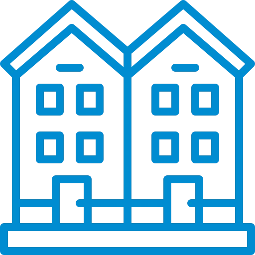 Blue icon of two connected townhouses.